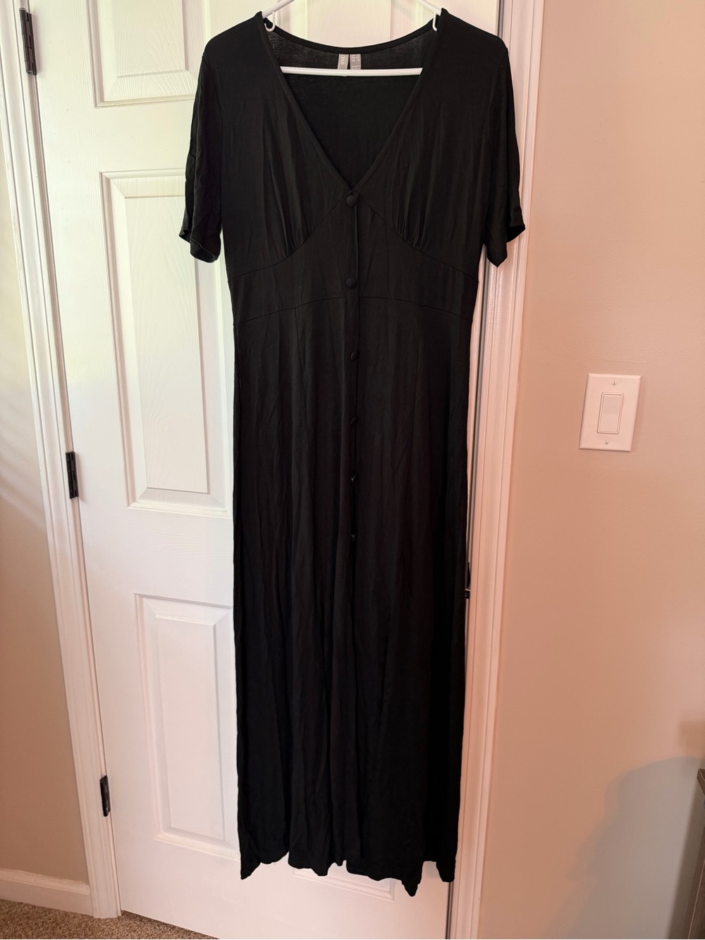 Black Button-Front V-Neck Maxi Dress